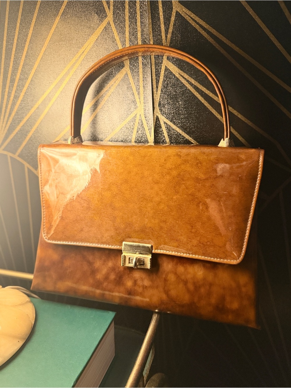 Mid Century Vintage Glossy Brown Patent Leather Top-Handle Bag
